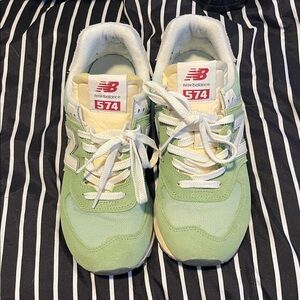 New Balance 574 Sneakers in Light Green & Cream with White Laces
